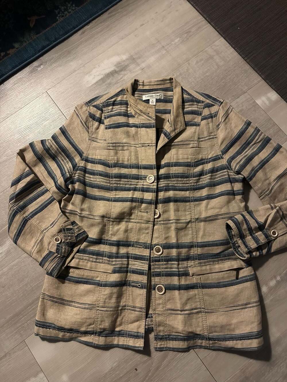 Coldwater Creek Striped Linen Blend Jacket Size 12 Tan Blue Blazer